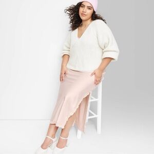 Wild Fable Light Pink High Rise Pull On Waist Satin Lace Trim MIDI Skirt NWT